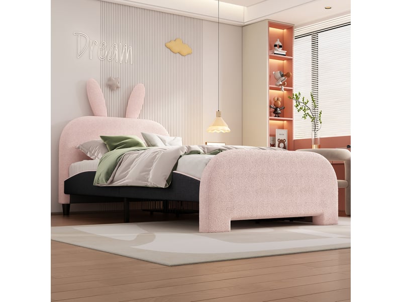  Lit enfant 90x200cm, design en forme de labois cartoon, 2 tiroirs de rangement inclus, plush et mdf, rose sans matelas  - Conforama D