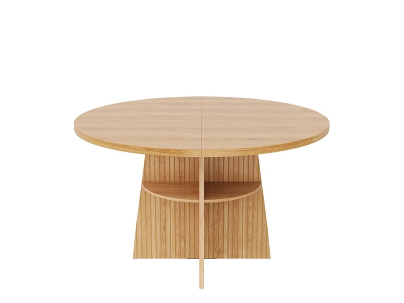  Table à manger ronde extensible naturel 110-150x110x77,5 cm, 2-8 personnes, plateau extensible, étagère intégrée, gain de place  - Conforama A