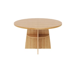 Table à manger ronde extensible naturel 110-150x110x77,5 cm, 2-8 personnes, plateau extensible, étagère intégrée, gain de place