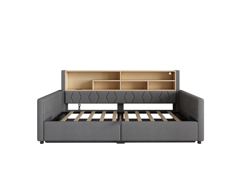  Lit coffre banquette 90 × 200 cm, rangement hydraulique, étagère, led, usb-a et usb-c, tissu gris, tête rembourrée  - Conforama A