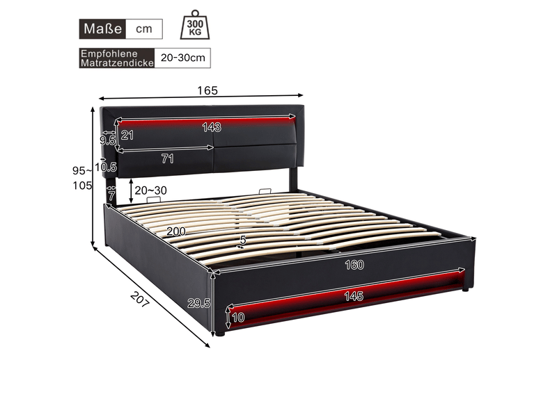  Lit rembourré 160 x 200 cm noir en pu avec led, usb, charge sans fil et rangement  - Conforama E