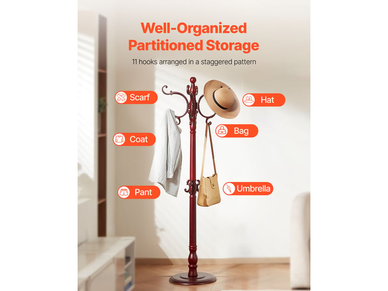  Vevor portemanteau sur pied portant a vetements avec base stable, 11 crochets, porte manteau en bois autoportant pour entree, chambre, salon, pour suspendre manteaux, chapeaux, vestes, echarpes, sacs  - Conforama E