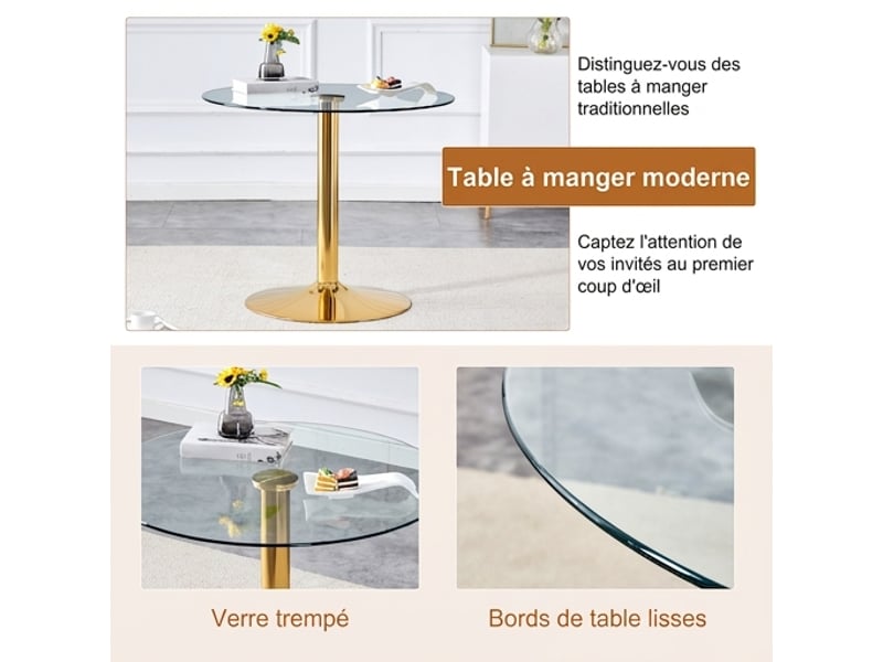  Ensemble table ronde ø85 cm et 2 chaises, verre trempé, pieds dorés et assises blanches  - Conforama E