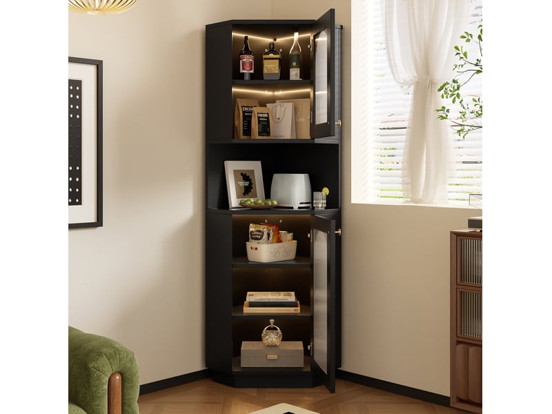  Colonne d'angle 45x45x166,5 cm, éclairage intégré, tablettes réglables, compartiment fermé, salle de bain, mdf noir  - Conforama B