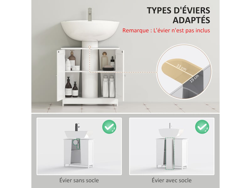  Meuble sous lavabo blanc à 2 portes, étagère réglable, 60 x 30 x 60 cm  - Conforama R