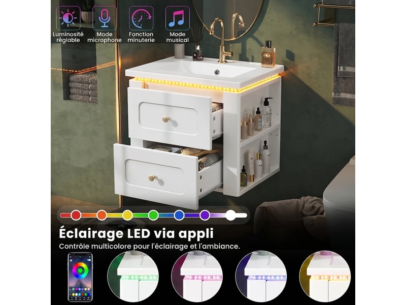 Meuble salle de bain suspendu 61 cm blanc brillant avec vasque et led, 2 tiroirs  - Conforama D