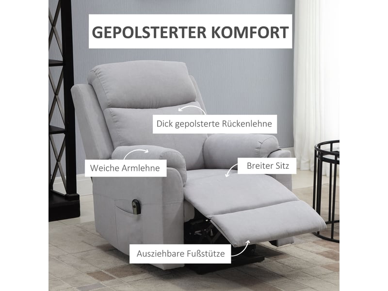 Fauteuil releveur électrique pour senior, tissu gris clair, fauteuil relax inclinable à 160 degrés avec repose-pieds intégré - Conforama D