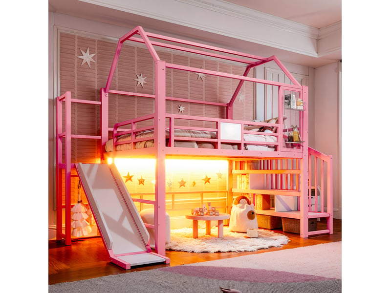  Lit mezzanine 140 × 200 cm avec toboggan, escalier à rangements, éclairage led et penderie, chambre enfant rose  - Conforama E