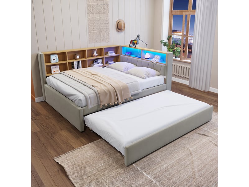  Canapé-lit 140*200 cm avec lit gigogne 90*190 cm, led, usb, rangements, gris clair et cadre stable multifonctionnel  - Conforama D