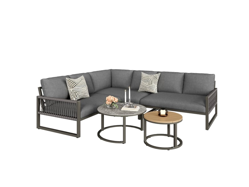  Salon de jardin d'angle gris 6 à 7 places en métal avec 2 tables basses et coussins, pour vos moments en extérieur  - Conforama A