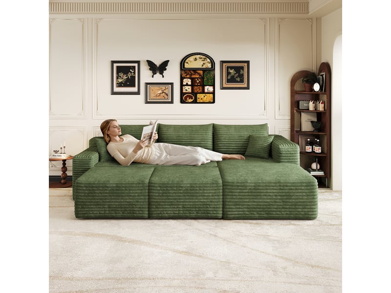 Canapé d’angle vert 5 places en velours côtelé, canapé en l pour salon, assise profonde et confort souple, longueur 241 cm - Conforama R