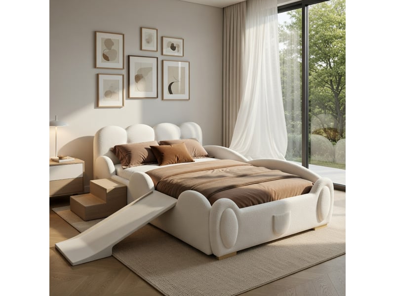  Lit d'enfant 90 x 200 cm, avec bande lumineuse led, toboggan et escalier, en pu, rose + beige  - Conforama D