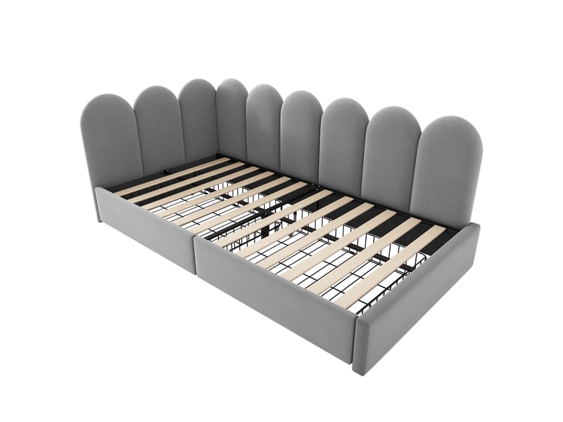 Lit banquette 90x200 cm lit simple avec 2 tiroirs, côtés réversibles, sommier à lattes, velours gris Seren Glow - Conforama E