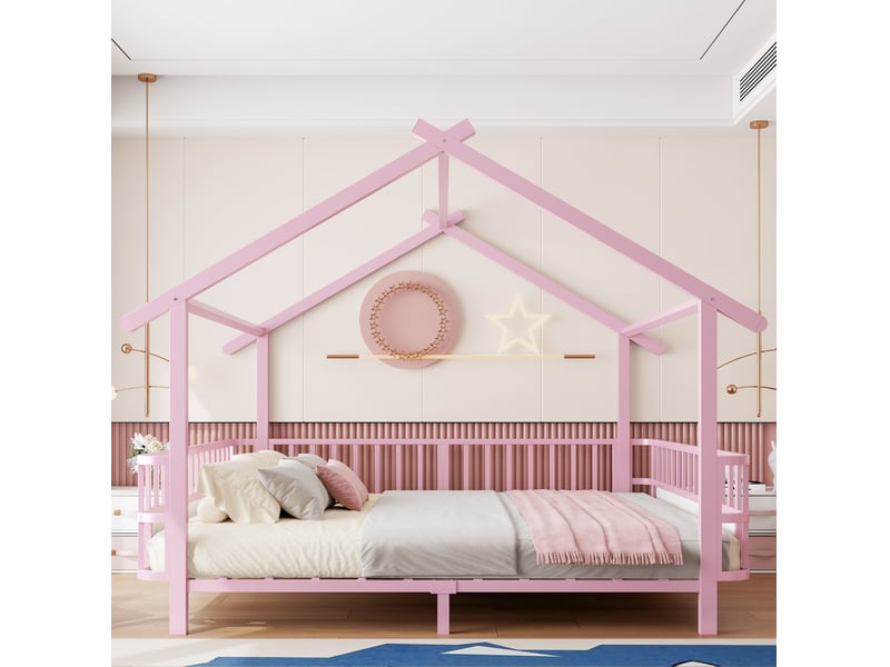  Lit enfant maison 140x200 cm, lit cabane, barrières sécurité, chambre, style contemporain, métal, rose, sans matelas  - Conforama B