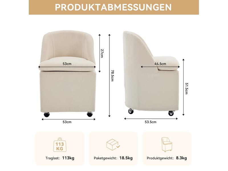  Lot de 2 chaise salle à manger 53x53,5x78,5 cm, roulettes, pivotante 360°, revêtement chenille beige, pour cuisine  - Conforama C