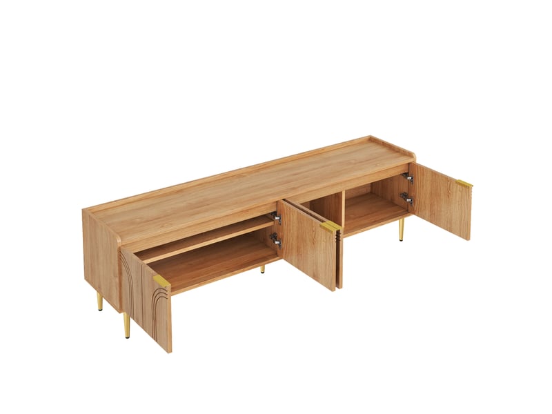  Meuble tv en mdf coloris bois naturel avec portes sculptées 170 x 35 x 47,5 cm, poignées et pieds dorés, rangement multimédia evarich - Conforama A