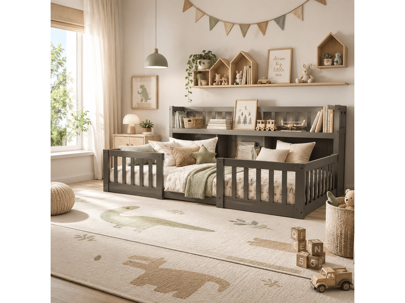  Lit enfant 90x200 cm avec bibliothèque, lit au sol avec barrière de sécurité et sommier à lattes, cadre de lit montessori au sol en bois massif, gris  - Conforama E