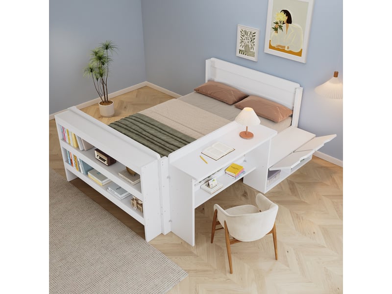  Lit enfant en bois 120x200 cm avec bureau intégré, rangements latéraux, étagère avant et module réversible, lit ado avec espace de travail - blanc  - Conforama D