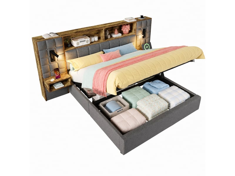  Lit coffre 180 x 200 cm gris avec éclairage led, liseuses et chevets intégrés  - Conforama A
