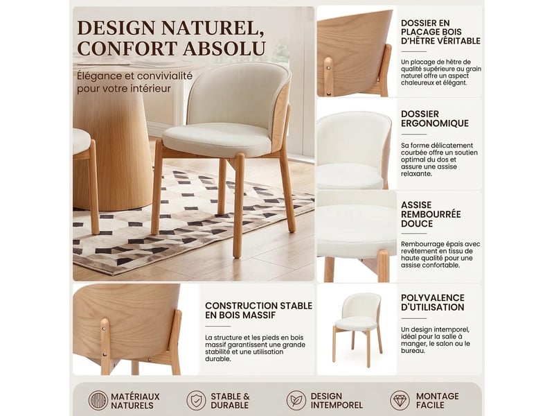 Lot de 2 chaises de salle à manger en bois massif avec dossier enveloppant, couleur bois naturel - Conforama E