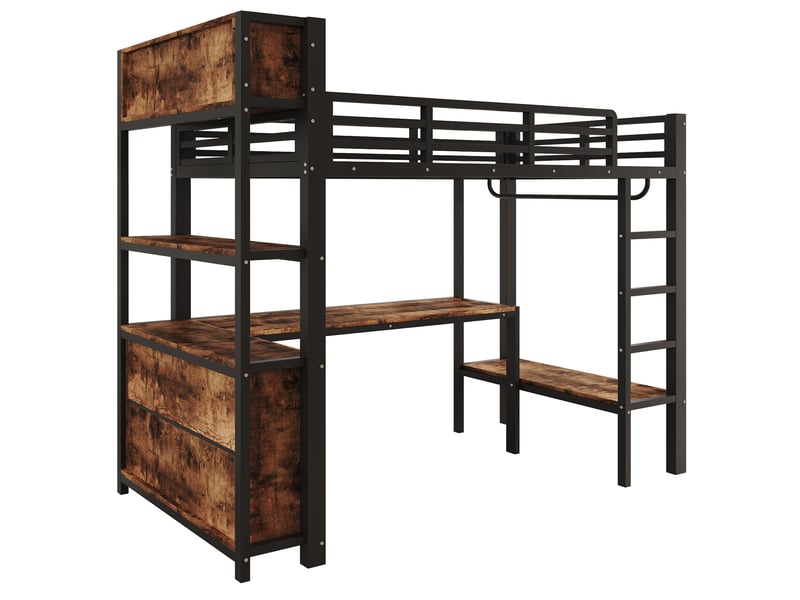Lit mezzanine, 90 × 200 cm, noir, bureau, penderie, étagères, sans matelas, métal, dimensions 228 × 95 × 190 cm - Conforama A