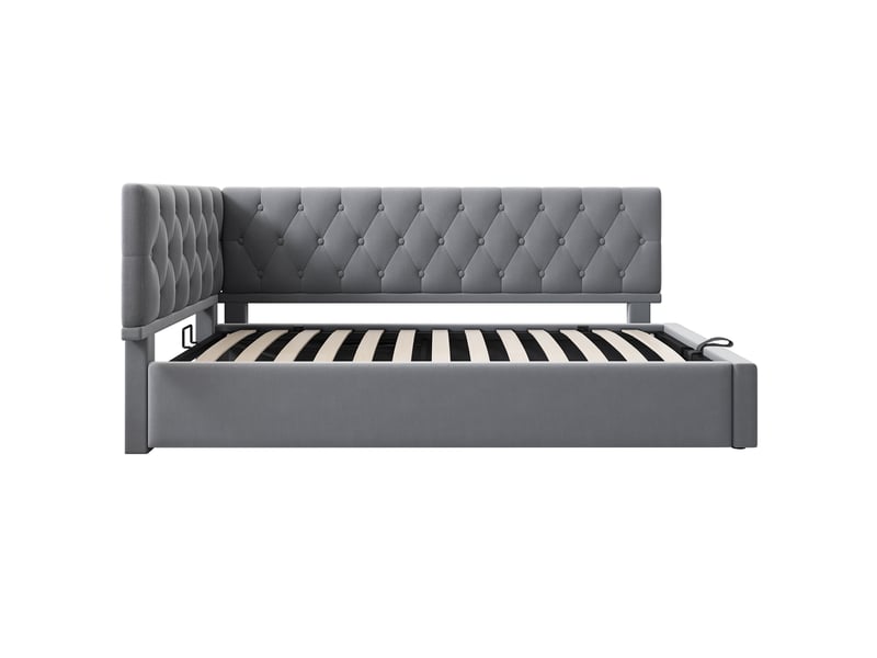  Lit banquette 90x200cm avec coffre et sommier relevable, velours, gris  - Conforama W