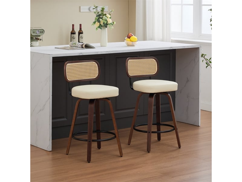 Lot de 2 tabourets de bar 42x56x90cm – avec dossier en rotin et assise rembourrée – noyer et beige - Conforama B