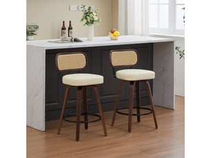 Lot de 2 tabourets de bar 42x56x90cm – avec dossier en rotin et assise rembourrée – noyer et beige