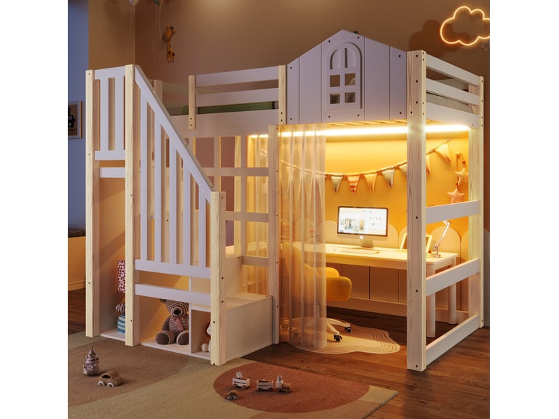 Lit mezzanine enfant 90x200 cm, avec lit simple, sommier, rangement, led, bois et mdf, blanc et naturel, sans matelas - Conforama D