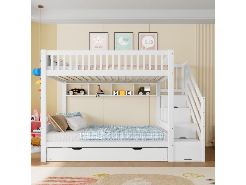  Lit enfant 90x200 cm avec lit gigogne et coffre de rangement, lit superposé avec étagère et penderie, lit 1 personne, blanc  - Conforama W