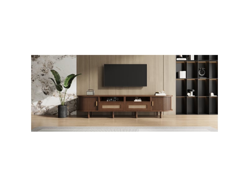 Meuble tv 170x40x40 cm noyer avec tiroirs en rotin et portes coulissantes, design moderne pour écran jusqu’à 70 pouces - Conforama W