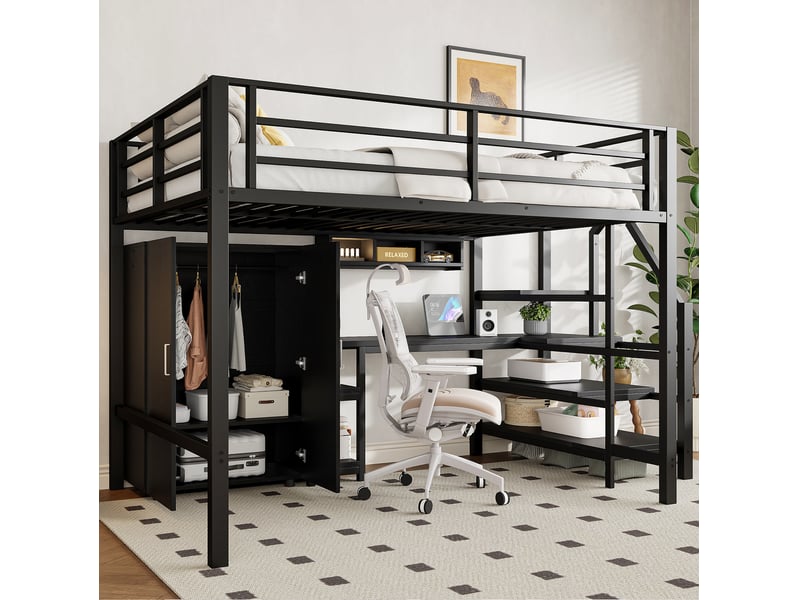  Lit mezzanine enfant 140x200 cm avec bureau et armoire coloris noir  - Conforama D