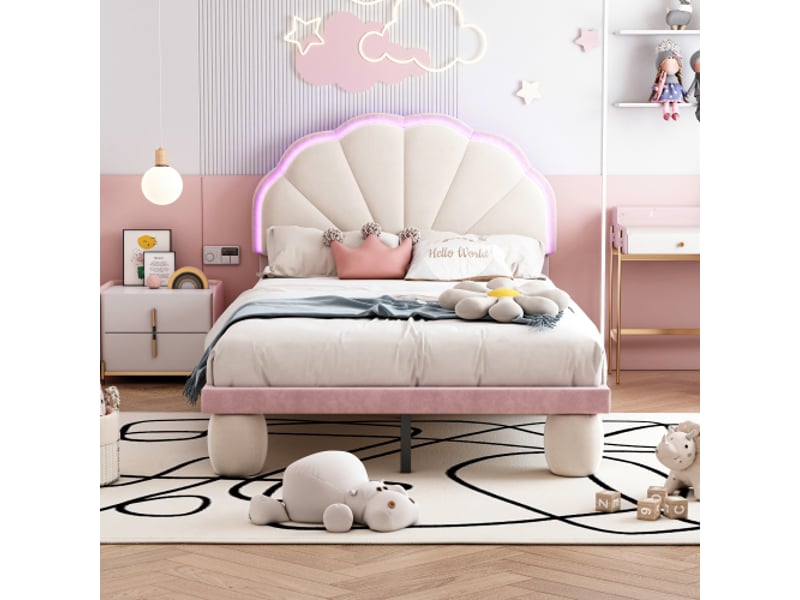 Lit rembourré d'enfant 90x200cm, lit simple en bois, avec bandes lumineuses multicolores, velours beige et rose, sans matelas - Conforama B