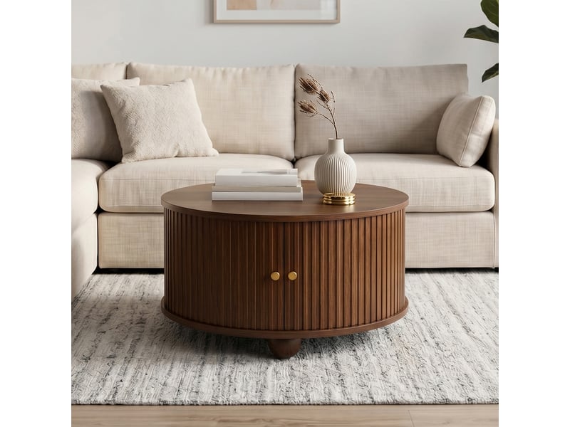  Table basse rond 72x72x38 cm ,2 portes coulissantes,4 compartiments,meuble salon avec relief vertical, pieds métal sphériques, mdf, noyer BUYDEEMEUS - Conforama E