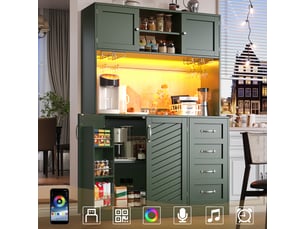 Buffet de cuisine vert 120x40x188cm, meuble de rangement avec led, 4 portes et 2 tiroirs, étagère à snacks, poignées argentées.