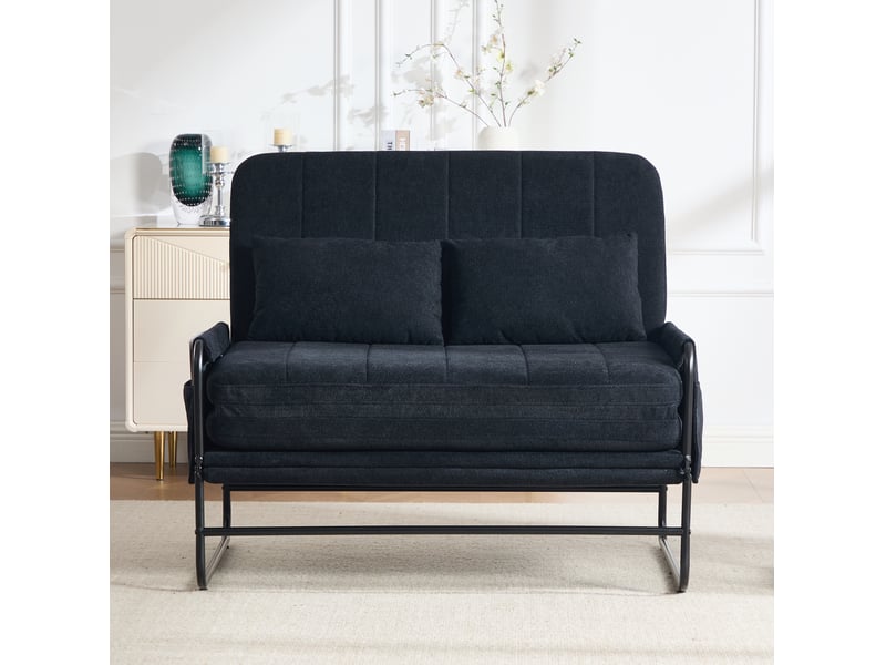  Canapé convertible deux places modenvie en chenille noire avec structure métallique et poches latérales, 104 x 85 x 92 cm  - Conforama B