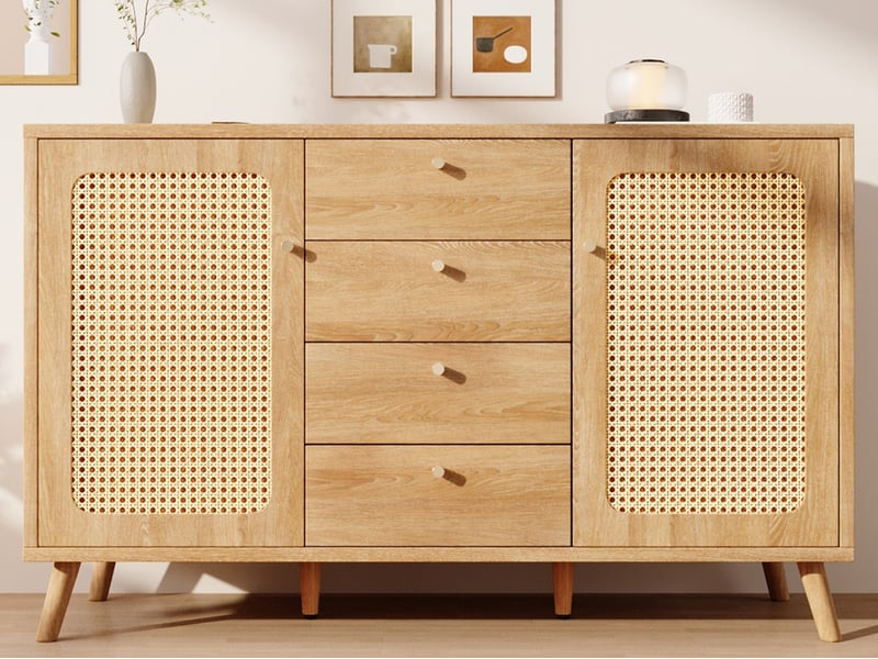 Buffet, meuble de rangement, avec 4 tiroirs et 2 portes, aspect rotin, 140 x 40 x 86 cm, pour salon, salle à manger, naturelle  - Conforama B