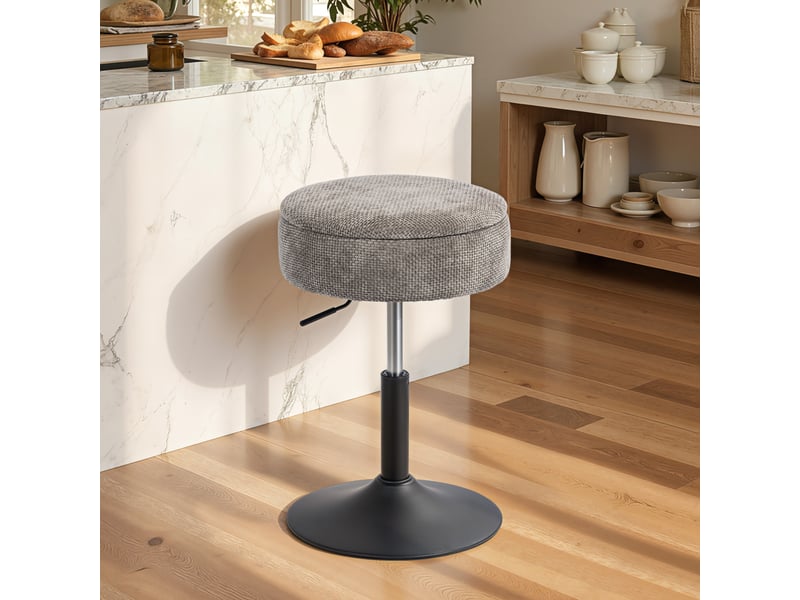  Tabouret de bar avec rangement, réglable en hauteur, tabouret de cuisine rond pivotant, revêtu de chenille grise  - Conforama C