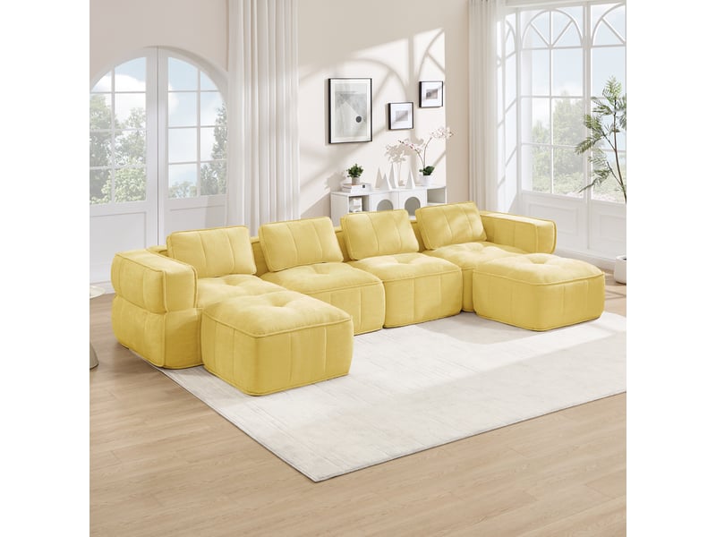 Canapé d'angle modulable 4 places en polyester, forme u avec 2 poufs, jaune - Conforama D