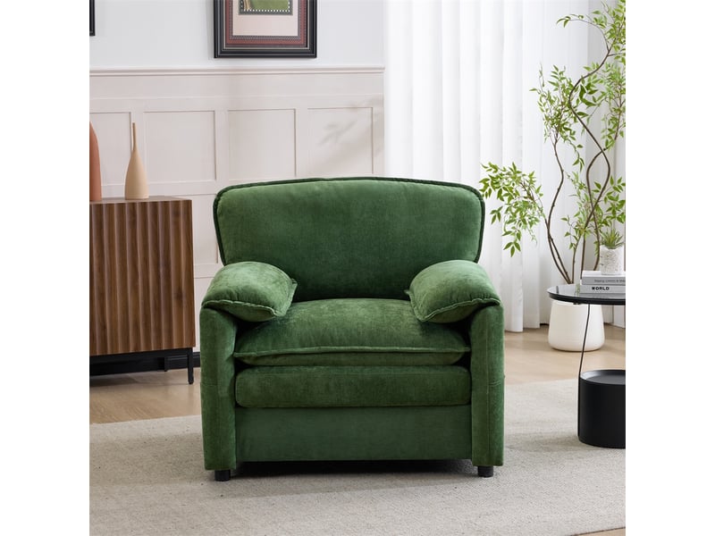  Fauteuil rétro en chenille vert - 96x92x90cm - canapé individuel avec poches de rangement latérales pour salon et bureau - vert  - Conforama C