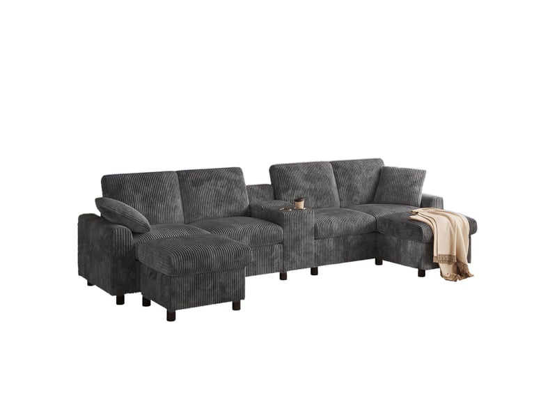  Canapé en u modenvie 4 places en velours côtelé gris avec 2 poufs de rangement et table centrale 315 x 135 x 81 cm  - Conforama A