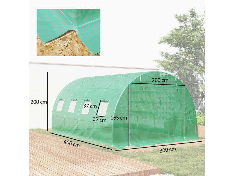  Serre en polyéthylène avec 8 fenêtres, porte sectionnelle et bords enterrés, 4 x 3 x 2 m, verte  - Conforama E