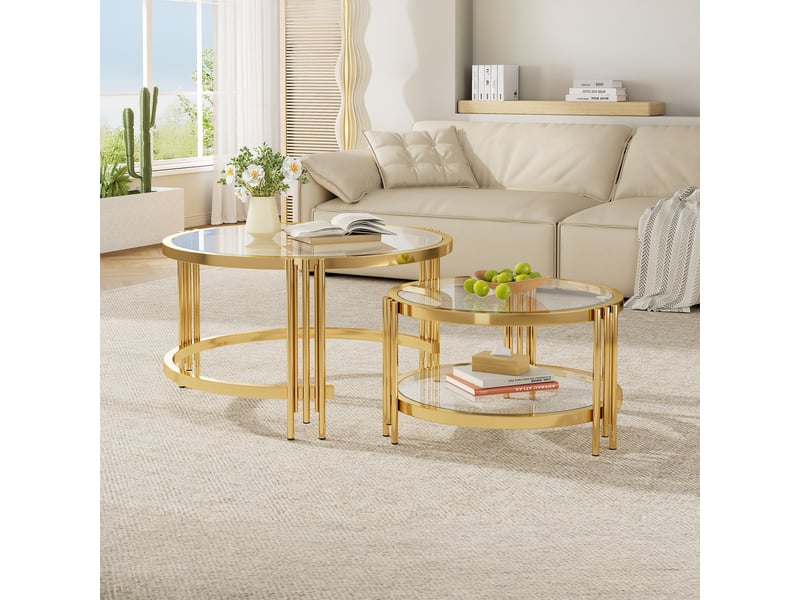  Table basse gigogne en verre et métal, pour salon, 85 × 45 cm + 60 × 35 cm, doré et transparent  - Conforama B