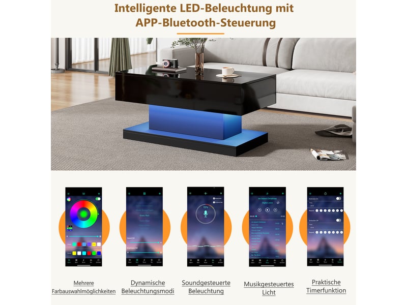  Table basse, à plateau relevable, avec éclairage led, avec rangement intégré, 100 x 50 x h 45–58 cm, noir, structure en panneau de particules Luxe haut de gamme - Conforama D