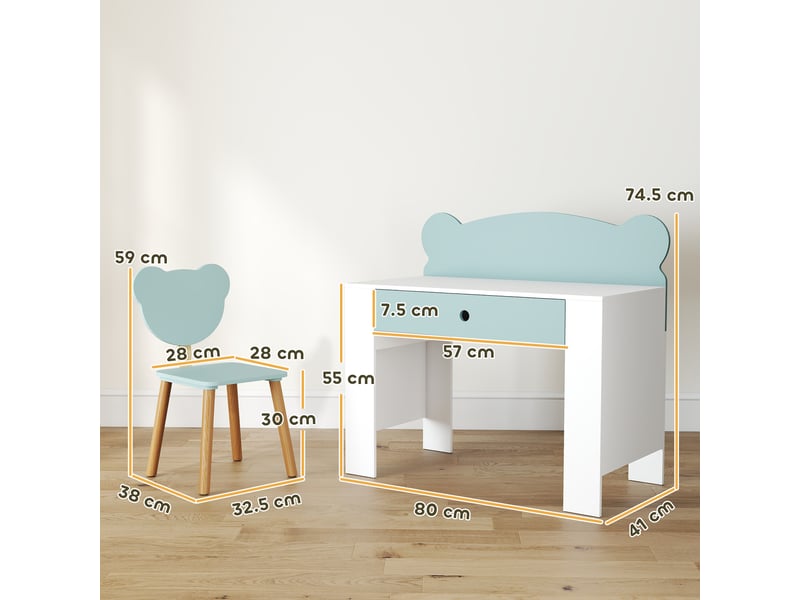  Ensemble bureau enfant avec tiroir et chaise à dossier ours en peluche, 3-8 ans, vert  - Conforama D