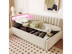 Lit banquette capitonné 90 x 200 cm, éclairage led, rangement hydraulique, sommier à lattes, revêtement en velours, beige