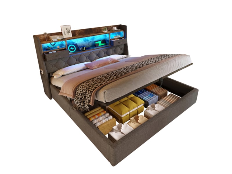  Lit king size -180x200 cm - lit coffre hydraulique - avec led - 4 ports usbtype-c - tête de lit rangement - gris  - Conforama A