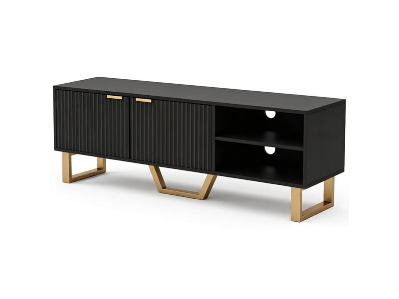  Meuble tv noir 140 cm avec 2 portes nervurées et rangement multimédia, pour tv jusqu'à 70 pouces  - Conforama A