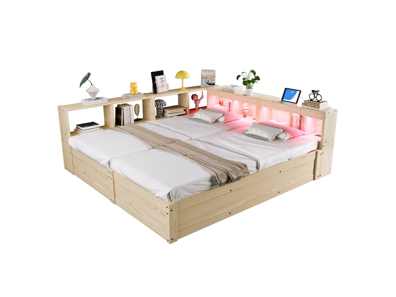  Canapé-lit 90180x200 cm, lit enfant, couchage d'appoint, rangement hydraulique, led, bois naturel, prise intégrée  - Conforama B
