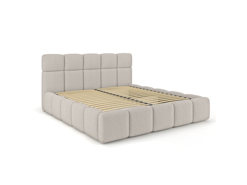 Lit coffre 160 x 200 cm en tissu capitonné bouclette beige – miracle - Conforama E